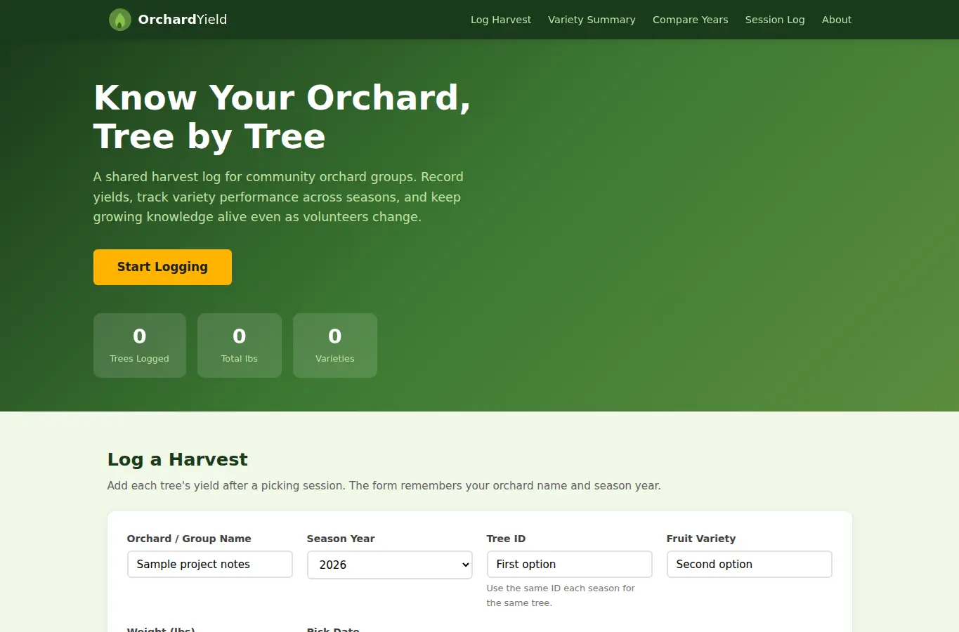 Screenshot of Community Orchard Yield Tracker interface showing the project page in use